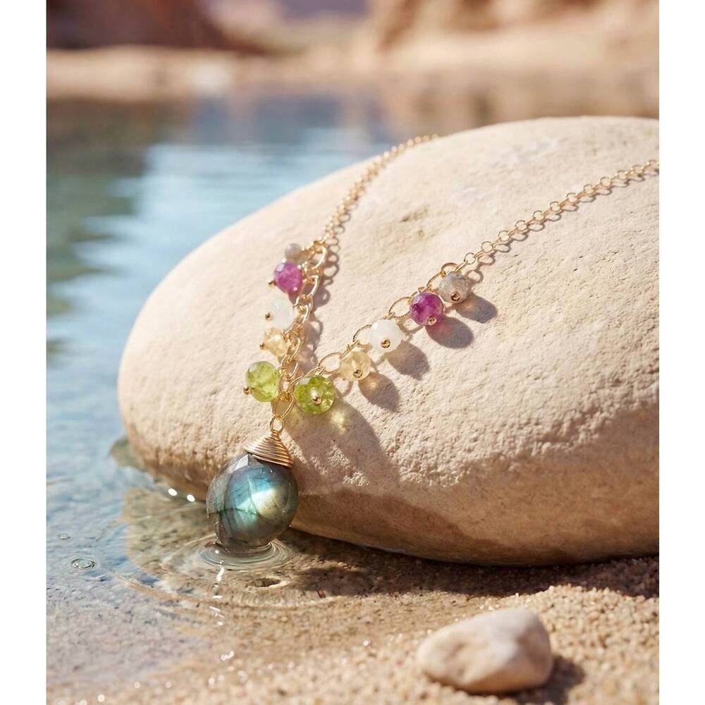 NEW ANNE VAUGHAN women's beaded gemstone pendant necklace in multi